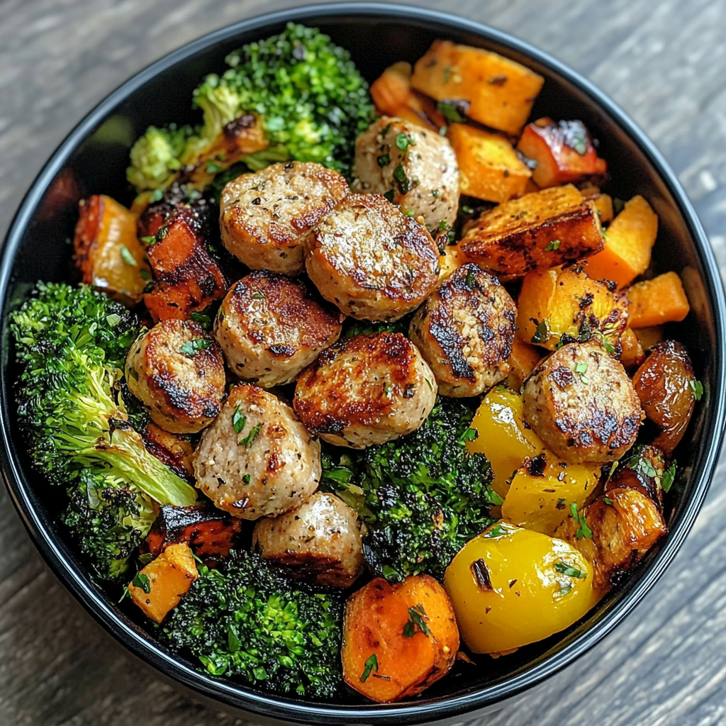 Bowl filled with sliced chicken sausage, roasted vegetables, and quinoa, garnished with fresh herbs.