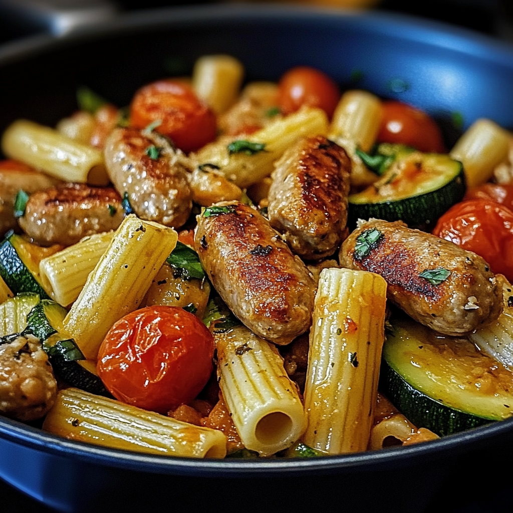 Skillet filled with chicken sausages, zucchini, tomatoes, and pasta