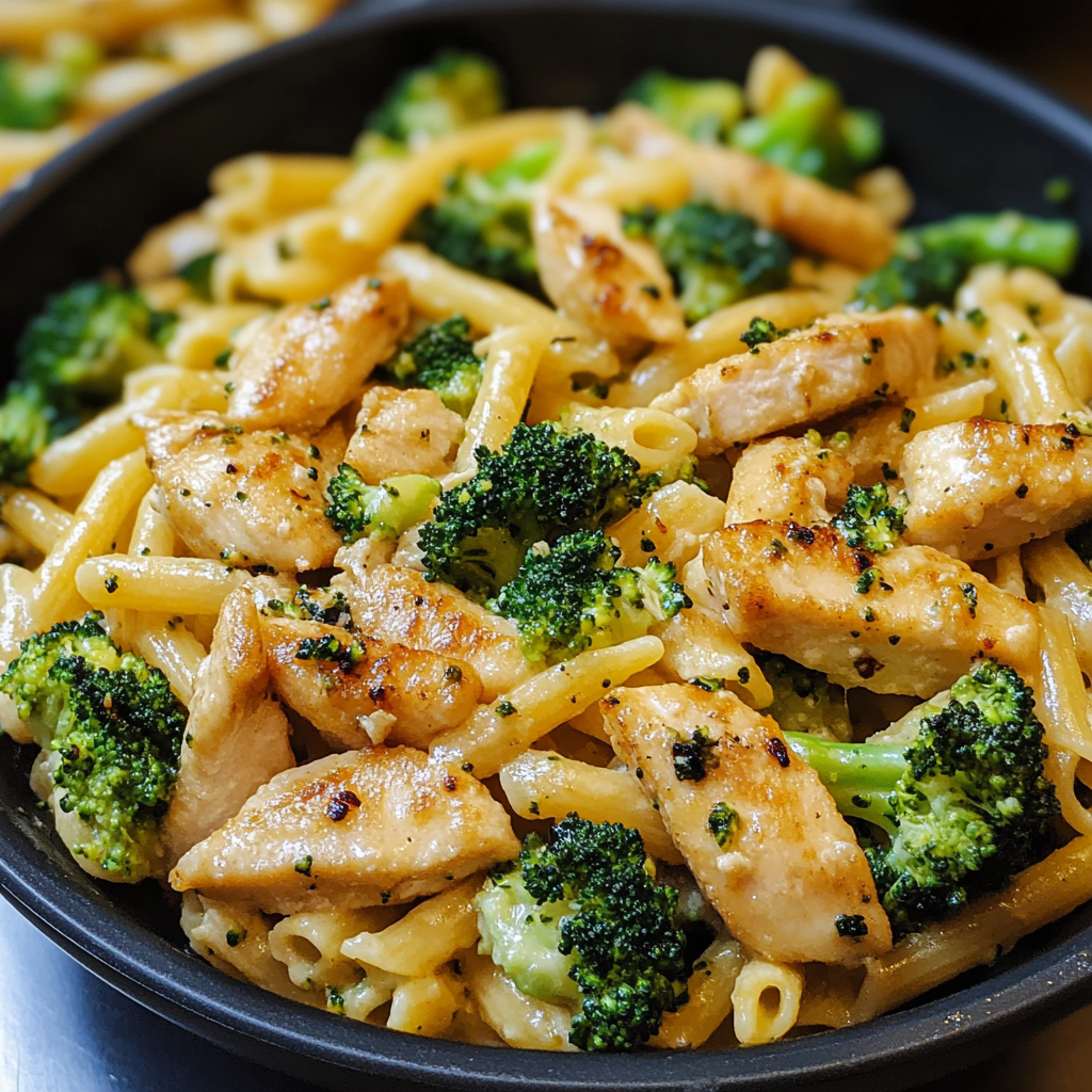 Creamy chicken and broccoli pasta served in a white bowl, garnished with parsley