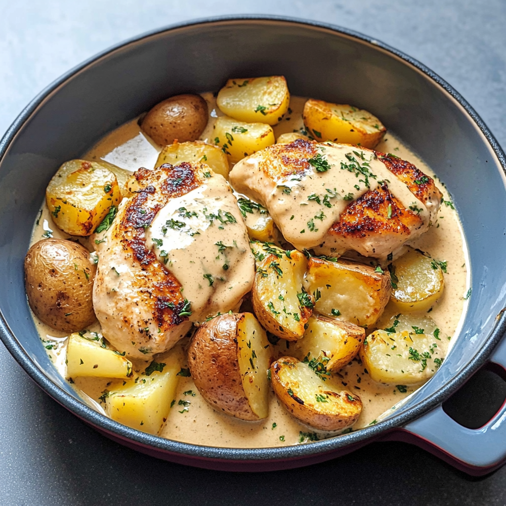 Skillet with seared chicken breasts and baby potatoes topped with creamy Dijon mustard sauce