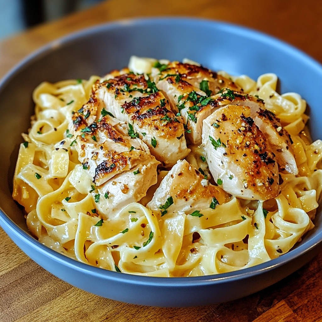 Plate of tender chicken served over buttery noodles garnished with fresh parsley.