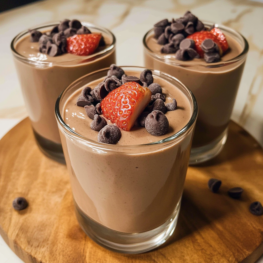 Glass jar filled with creamy chocolate protein pudding, topped with whipped cream and shaved chocolate.​