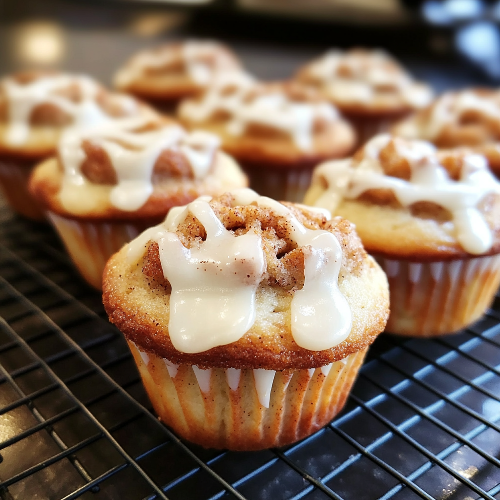 Close-up of cinnamon roll muffins drizzled with glaze, showcasing cinnamon swirls and fluffy texture.