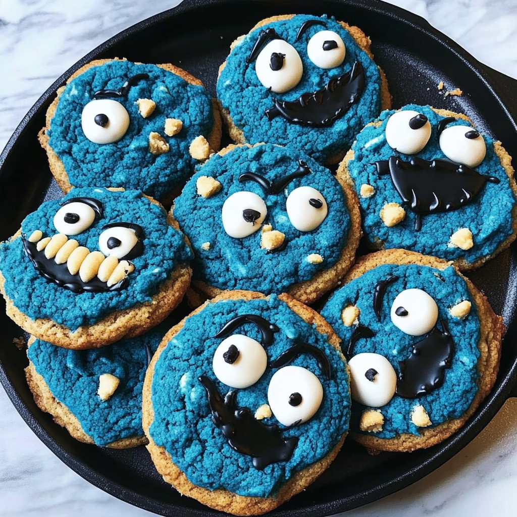 Close-up of blue Cookie Monster Cookies with chocolate chips, Oreo pieces, and candy eyes on a baking tray