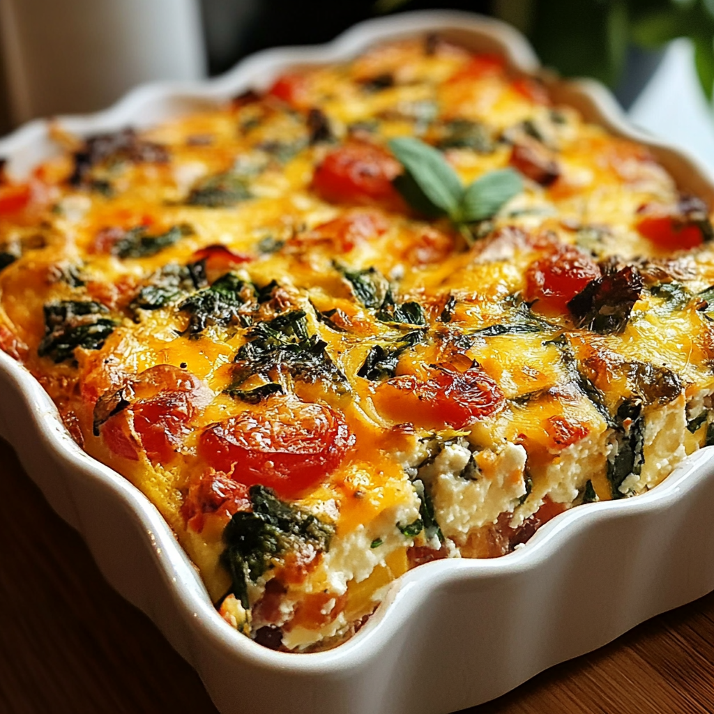 Baked cottage cheese and vegetable casserole in a dish, garnished with fresh herbs and served with a side salad.