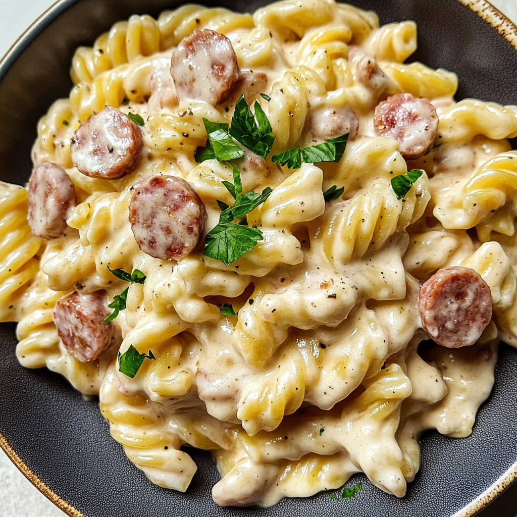 Bowl of creamy smoked sausage pasta garnished with parsley and Parmesan cheese.