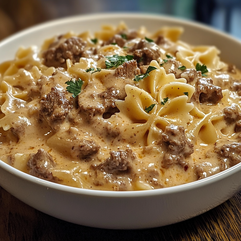 Skillet filled with creamy beef and bowtie pasta topped with melted cheese and fresh parsley.