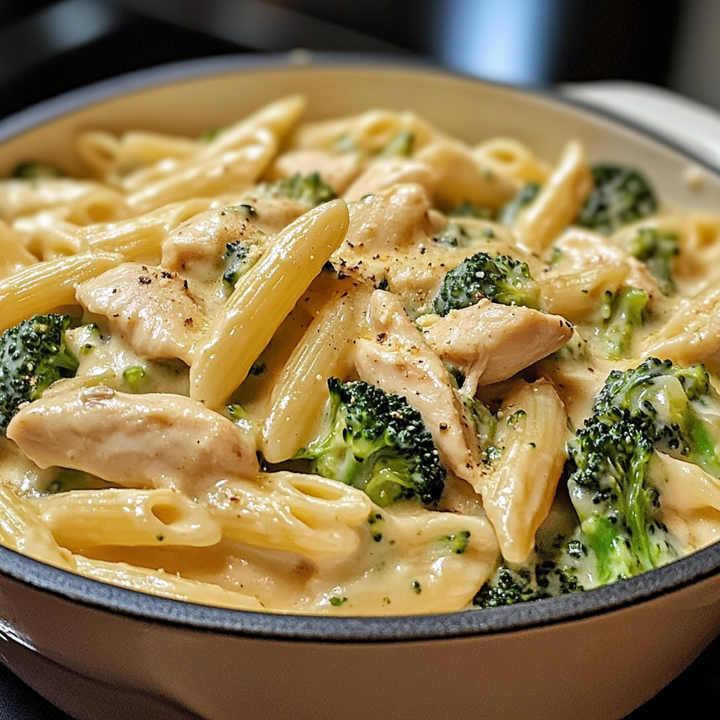 Bowl of creamy penne pasta with chicken and broccoli