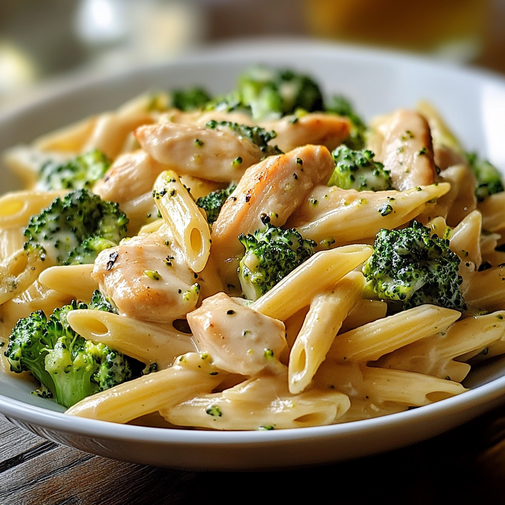 Bowl of creamy broccoli and chicken penne garnished with fresh parsley.
