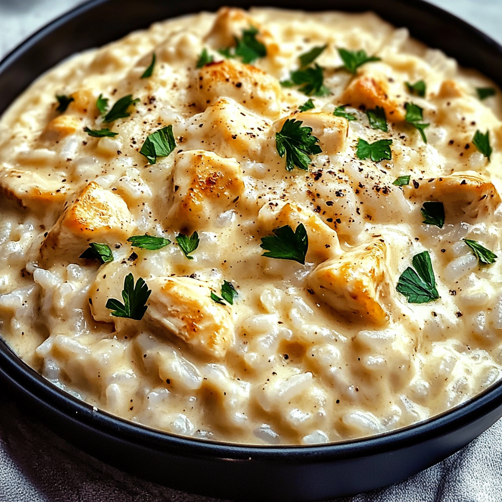 Bowl of creamy chicken and rice garnished with fresh parsley