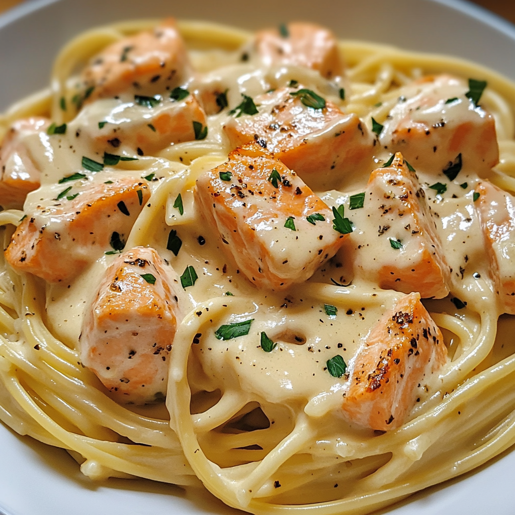 Plate of creamy garlic salmon pasta garnished with fresh parsley and lemon zest.