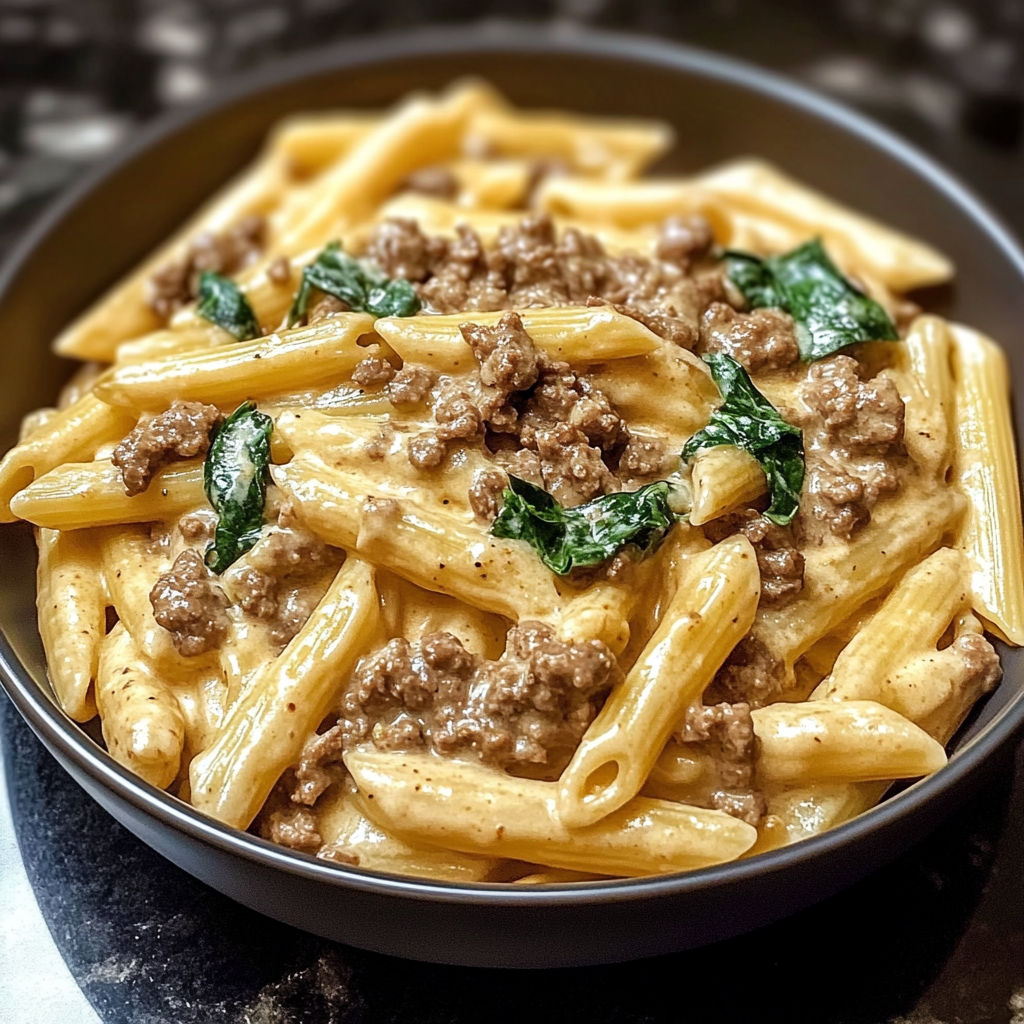 Bowl of creamy high-protein beef pasta garnished with fresh basil and grated cheese.​