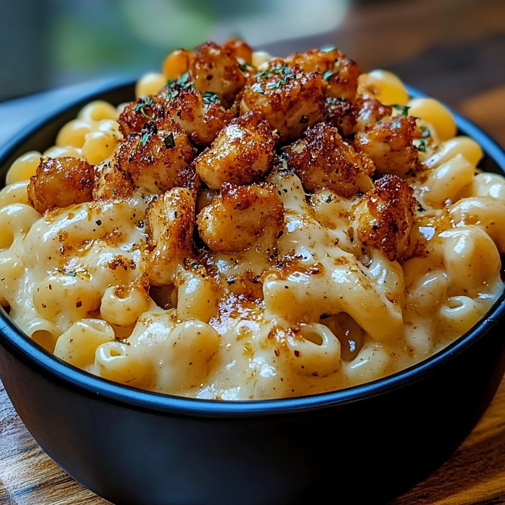 Bowl of creamy mac and cheese topped with honey pepper glazed chicken pieces and garnished with parsley