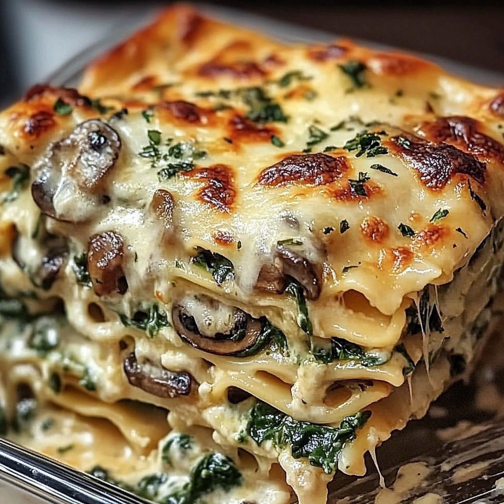 Baked creamy spinach mushroom lasagna layered in a white dish with melted cheese on top