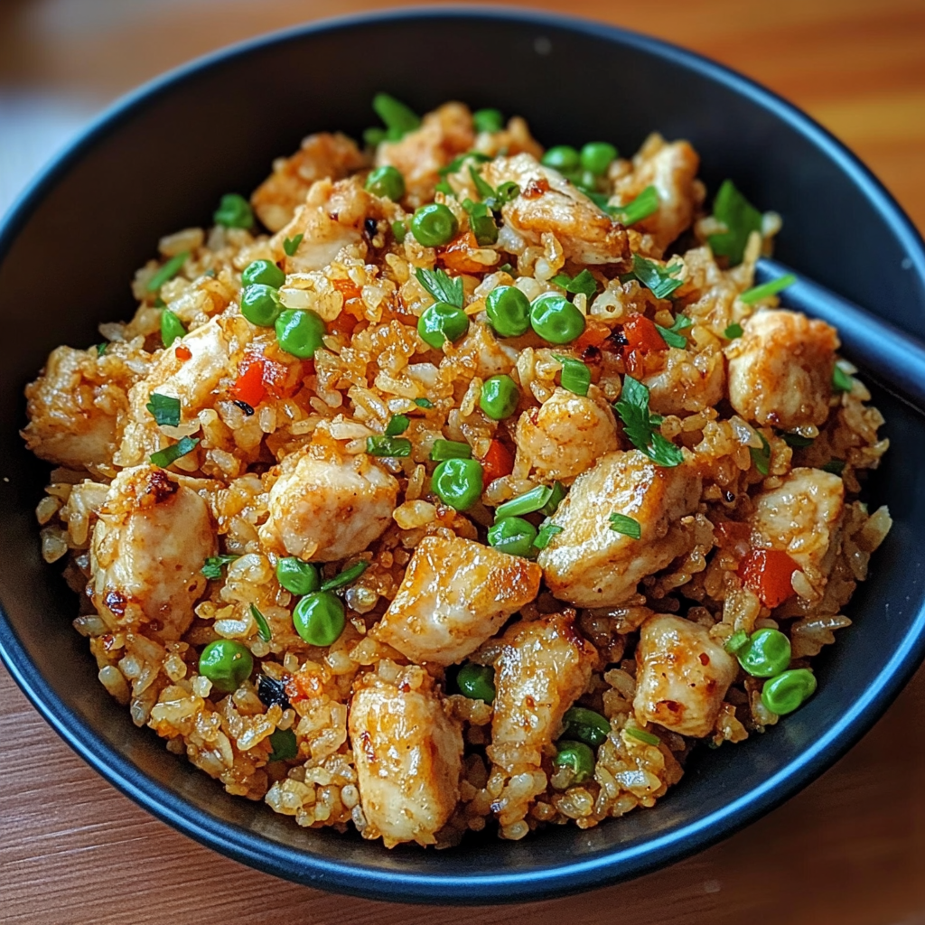 crispy garlic chicken fried - Skillet filled with crispy garlic chicken pieces and fried rice, garnished with chopped green onions.​