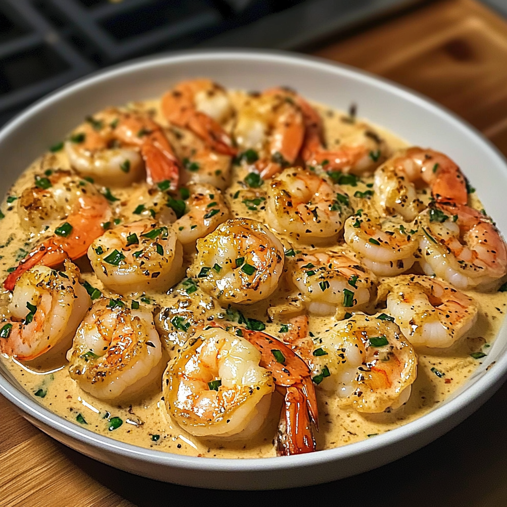 Creamy garlic shrimp garnished with parsley served in a skillet
