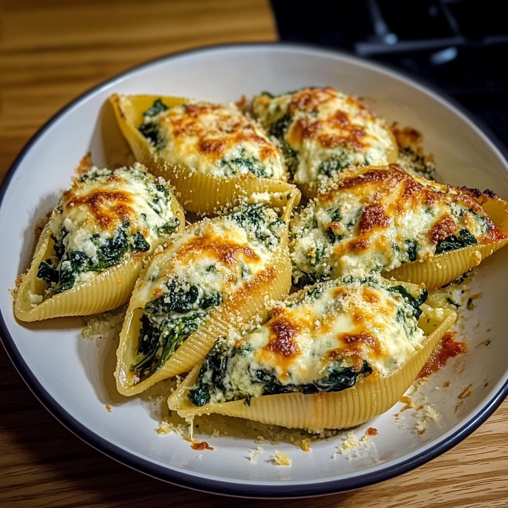 Baking dish filled with spinach and ricotta stuffed pasta shells topped with marinara sauce and melted cheese.