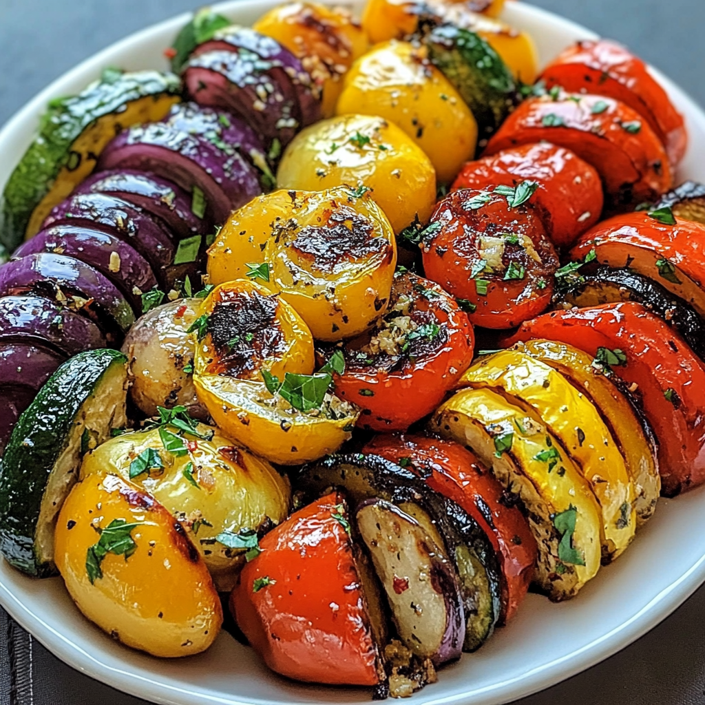 Sheet pan of colorful Mediterranean roasted vegetables including zucchini, bell peppers, red onions, and cherry tomatoes.