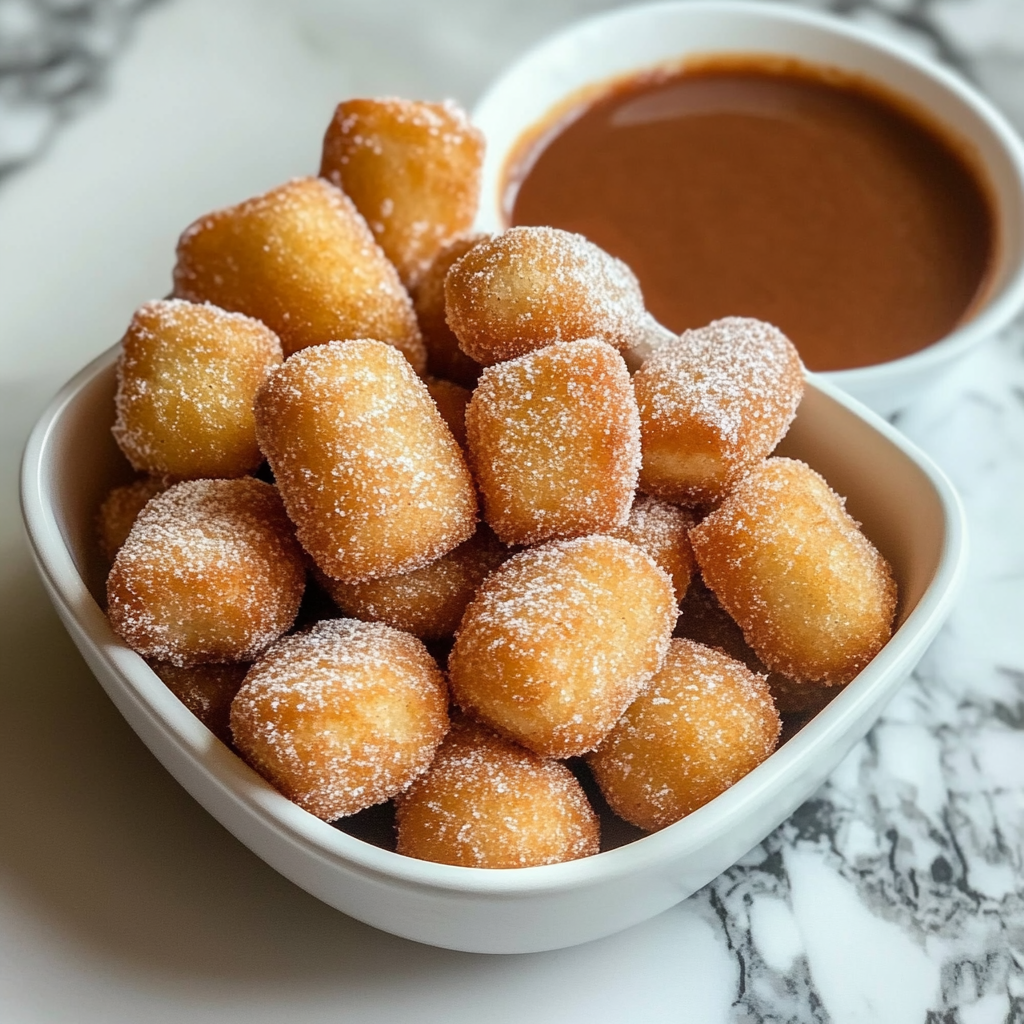 Plate of fluffy air fryer churro bites dusted with cinnamon sugar