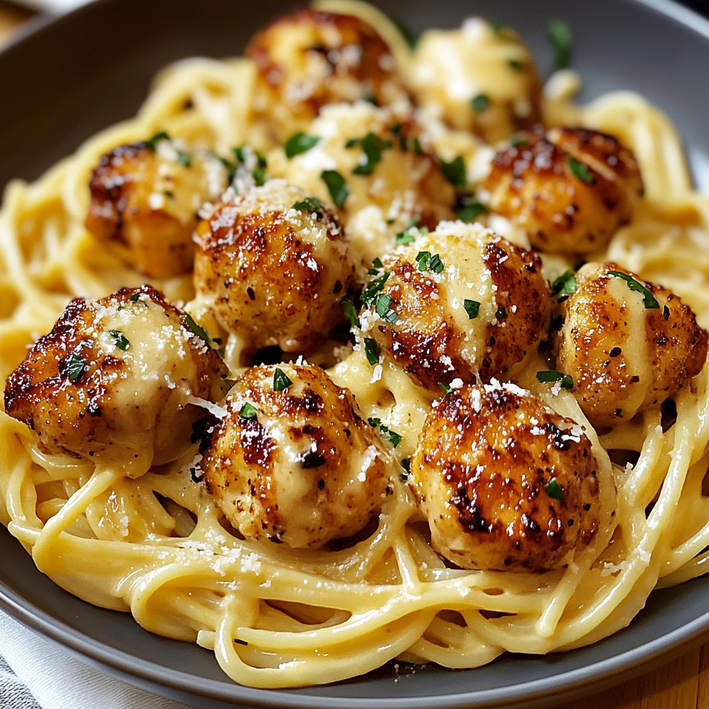 Plate of garlic butter chicken bites atop creamy Parmesan pasta, garnished with fresh parsley.