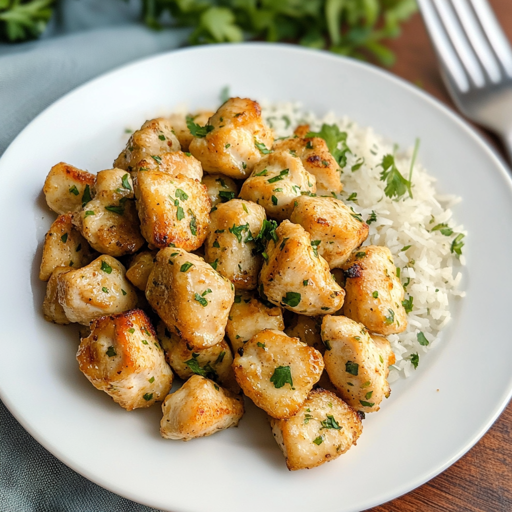 Skillet filled with golden-brown garlic butter chicken bites garnished with fresh parsley