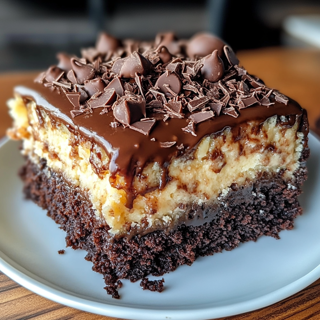Slice of German Chocolate Poke Cake topped with coconut pecan frosting on a white plate.