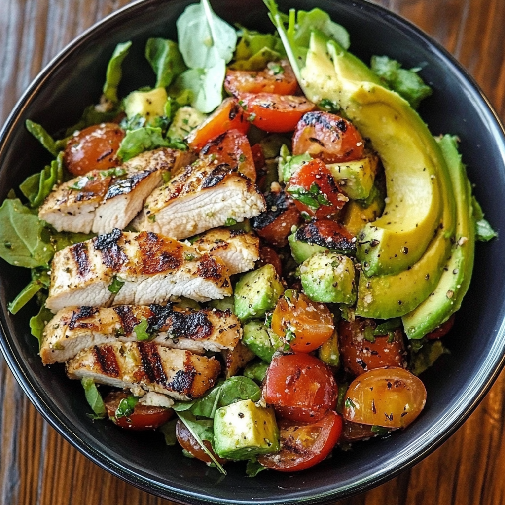 Bowl of grilled chicken avocado salad with mixed greens, cherry tomatoes, and a light vinaigrette.