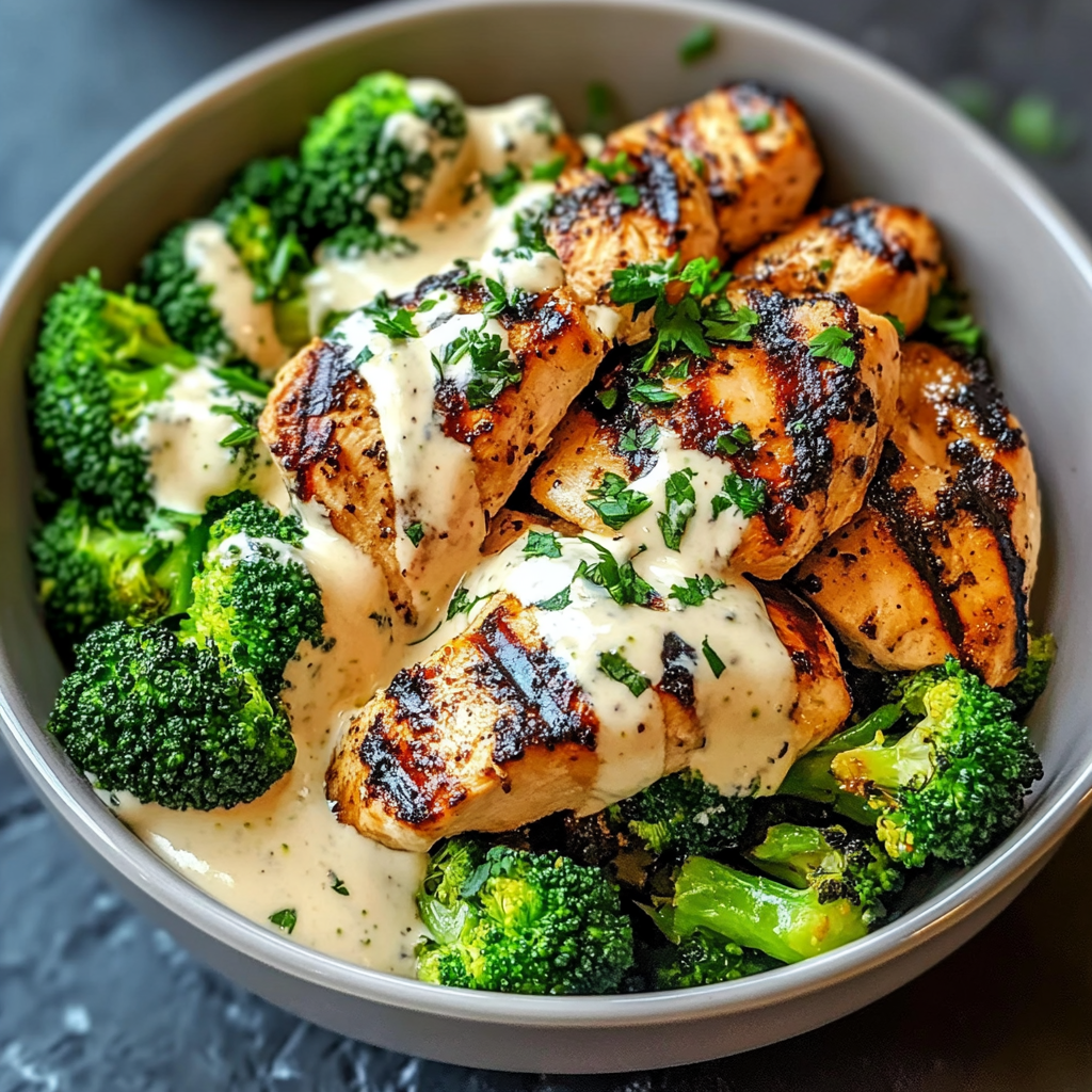 Bowl of grilled chicken slices and roasted broccoli florets drizzled with creamy garlic sauce over a bed of rice.
