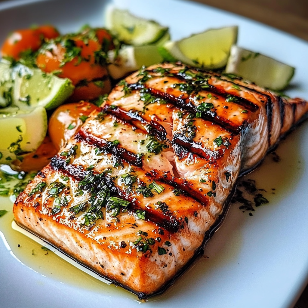Grilled garlic herb salmon fillet garnished with fresh herbs and lemon slices