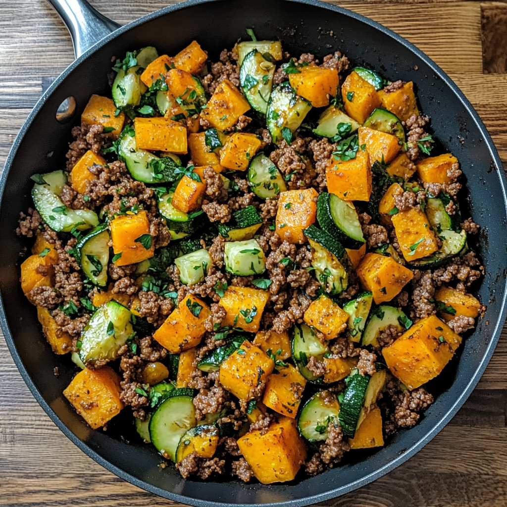Skillet filled with ground beef, diced zucchini, and sweet potatoes garnished with fresh parsley - ground beef zucchini sweet potato skillet