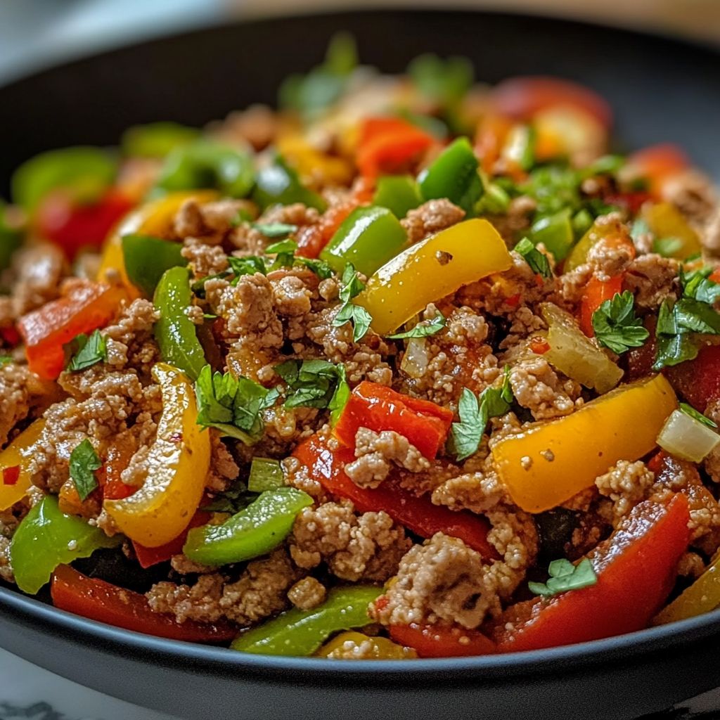 Skillet of ground turkey sautéed with colorful bell peppers and onions, garnished with fresh herbs.