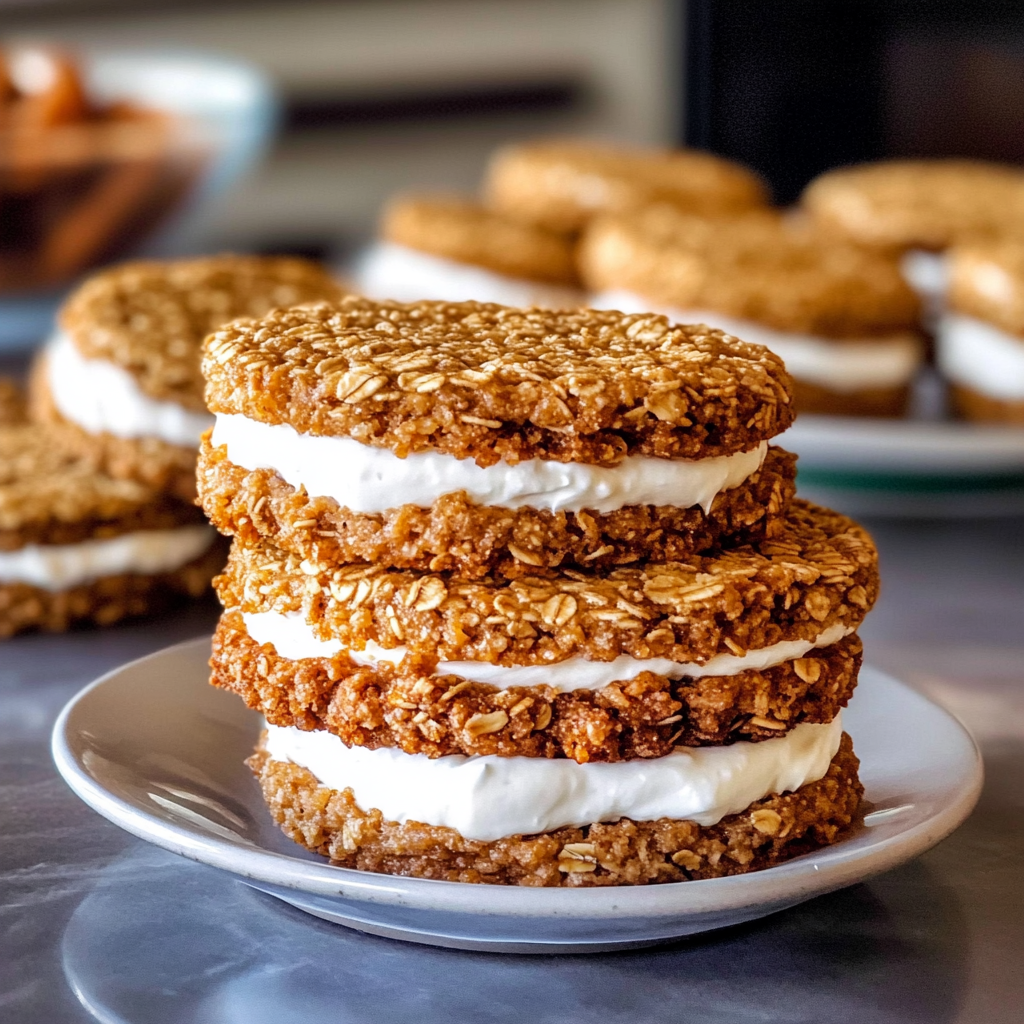 Close-up of handcrafted oatmeal cream pies with creamy filling between two soft oatmeal cookies