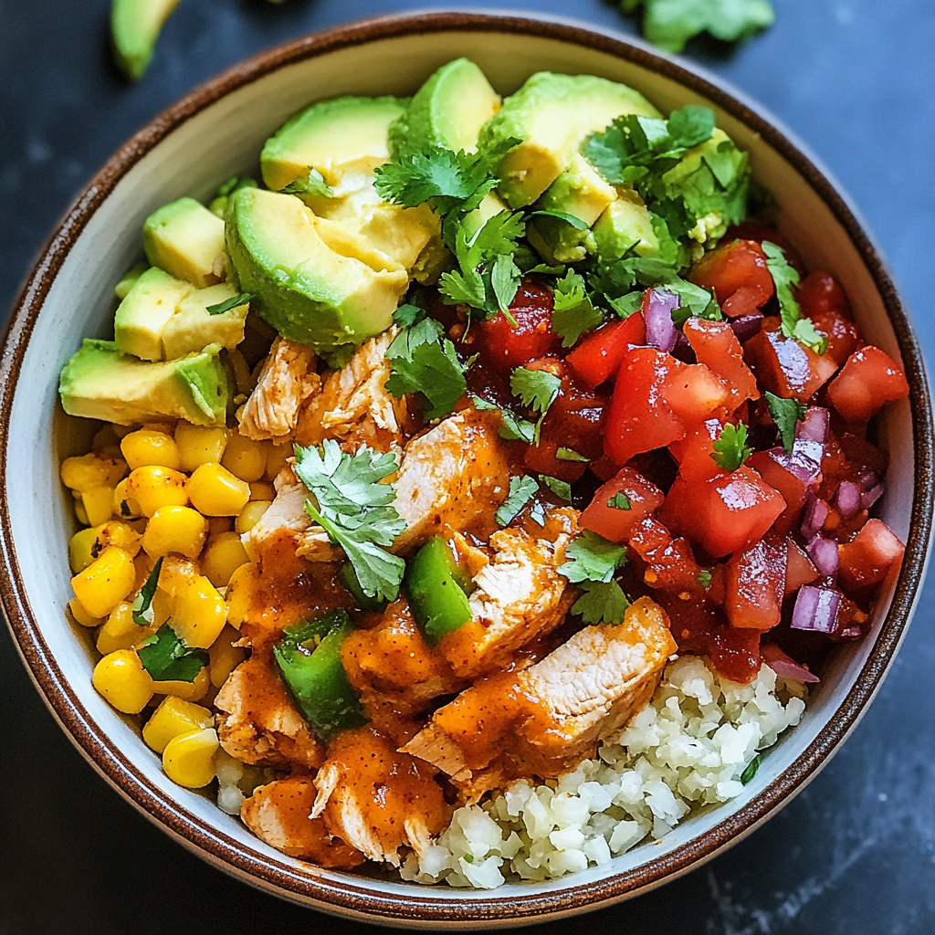 Bowl of chicken enchilada over cauliflower rice topped with avocado and cilantro