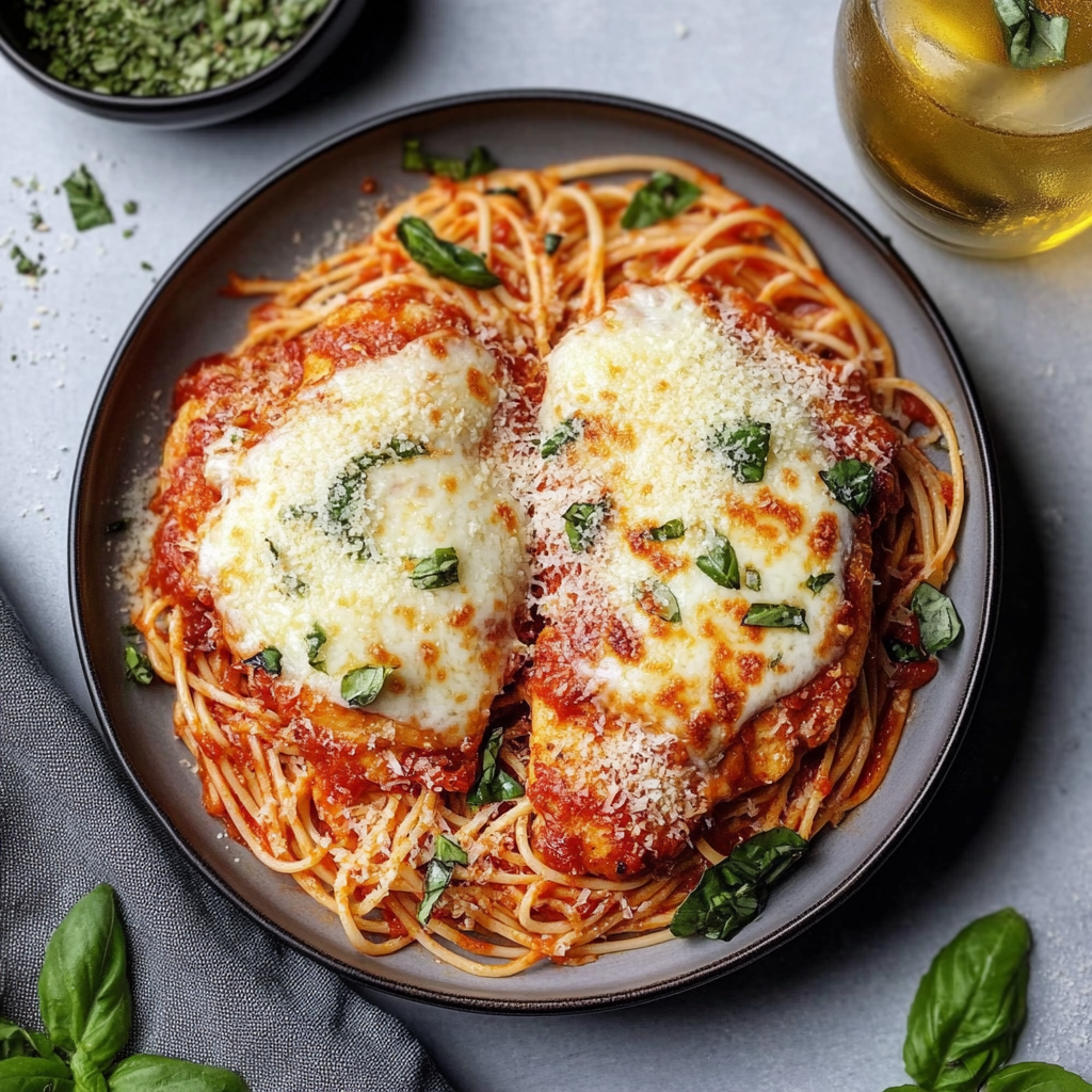 Baked chicken parmesan topped with melted mozzarella and marinara sauce, garnished with fresh basil.