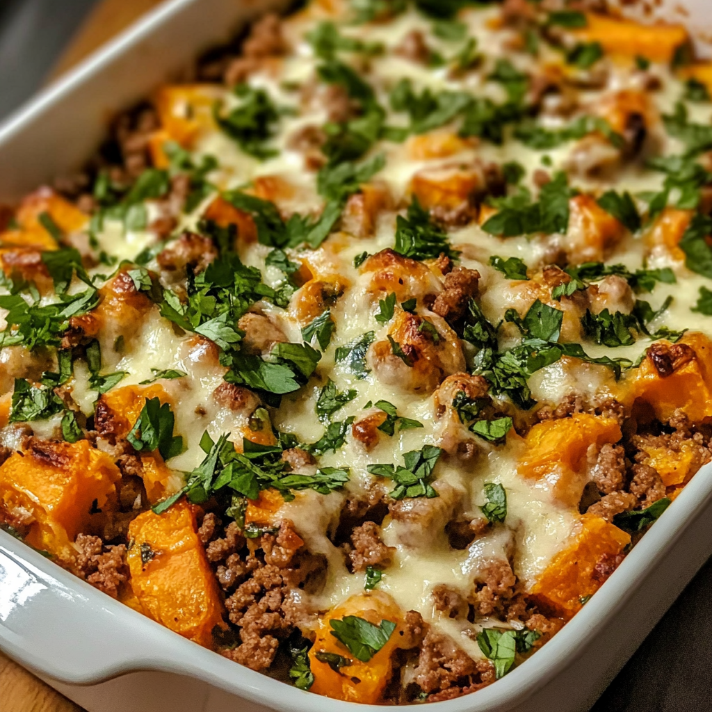 Baked casserole featuring ground turkey, sweet potatoes, and zucchini, topped with melted parmesan cheese in a white baking dish.