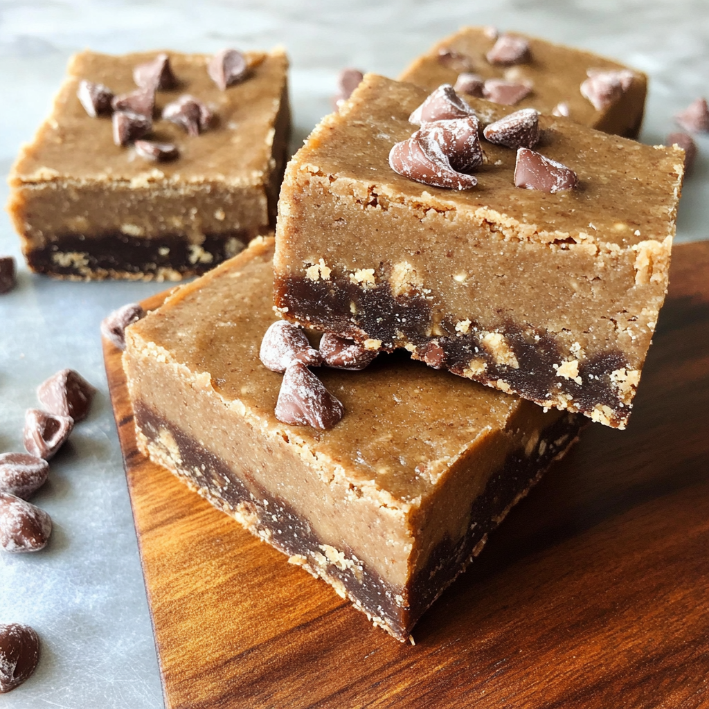 Stack of healthy no bake cookie dough bars with chocolate topping and sea salt flakes.