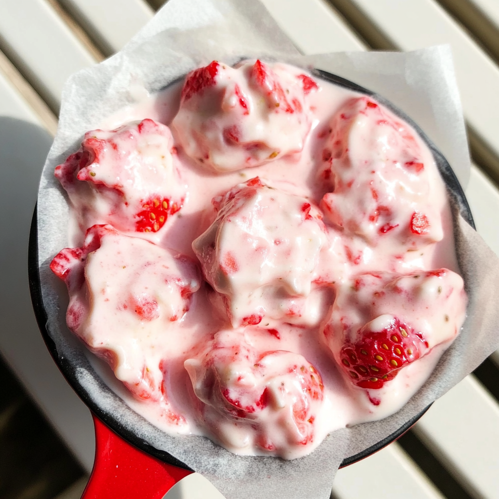 Frozen strawberry yogurt bites with fresh strawberry slices and granola on top