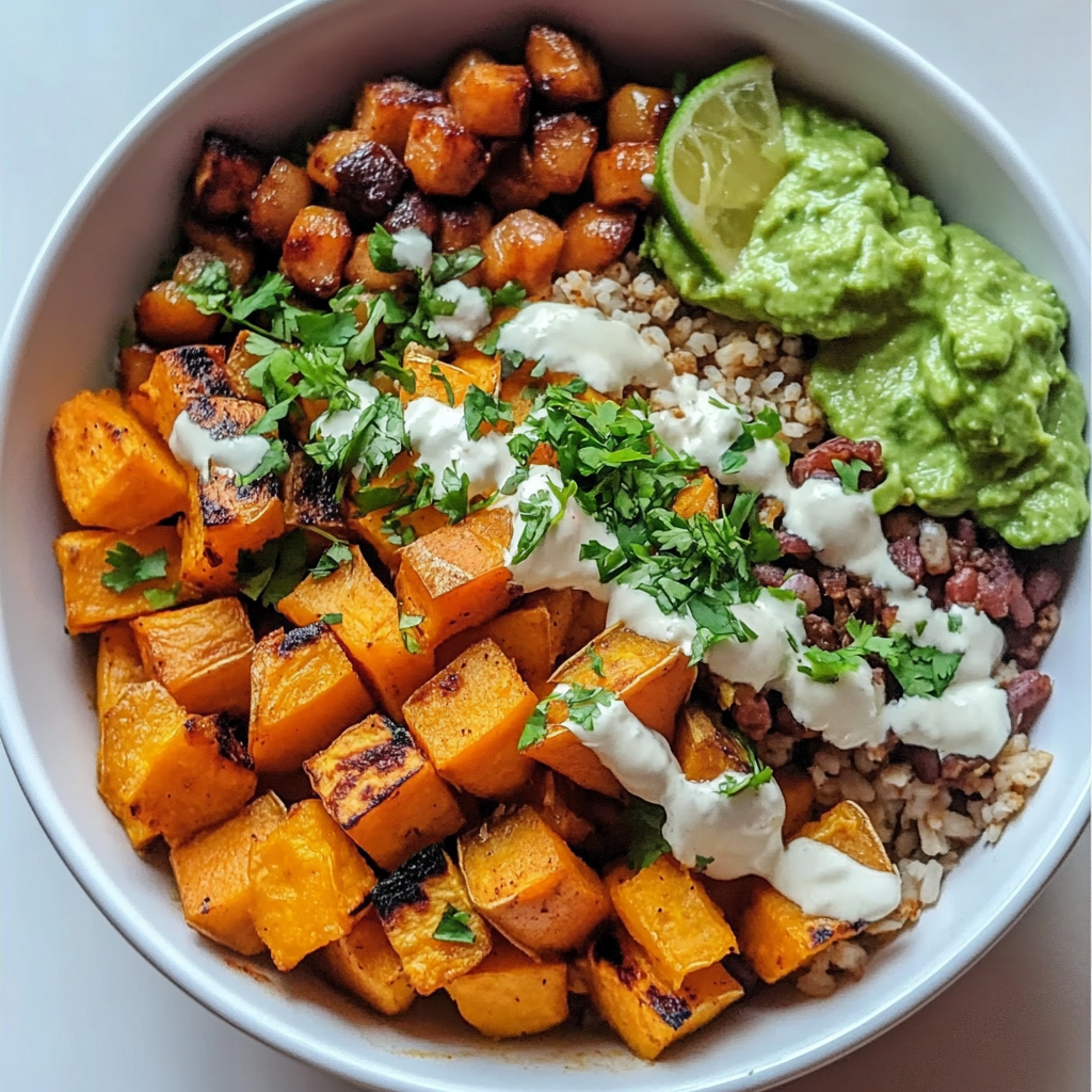 Bowl filled with roasted sweet potatoes, black beans, corn, avocado, and brown rice, garnished with fresh cilantro and lime wedges healthy sweet potato burrito.​