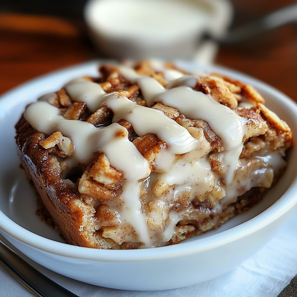 Baked oatmeal slice with cinnamon swirl and yogurt glaze on a white plate - high-protein cinnamon roll.