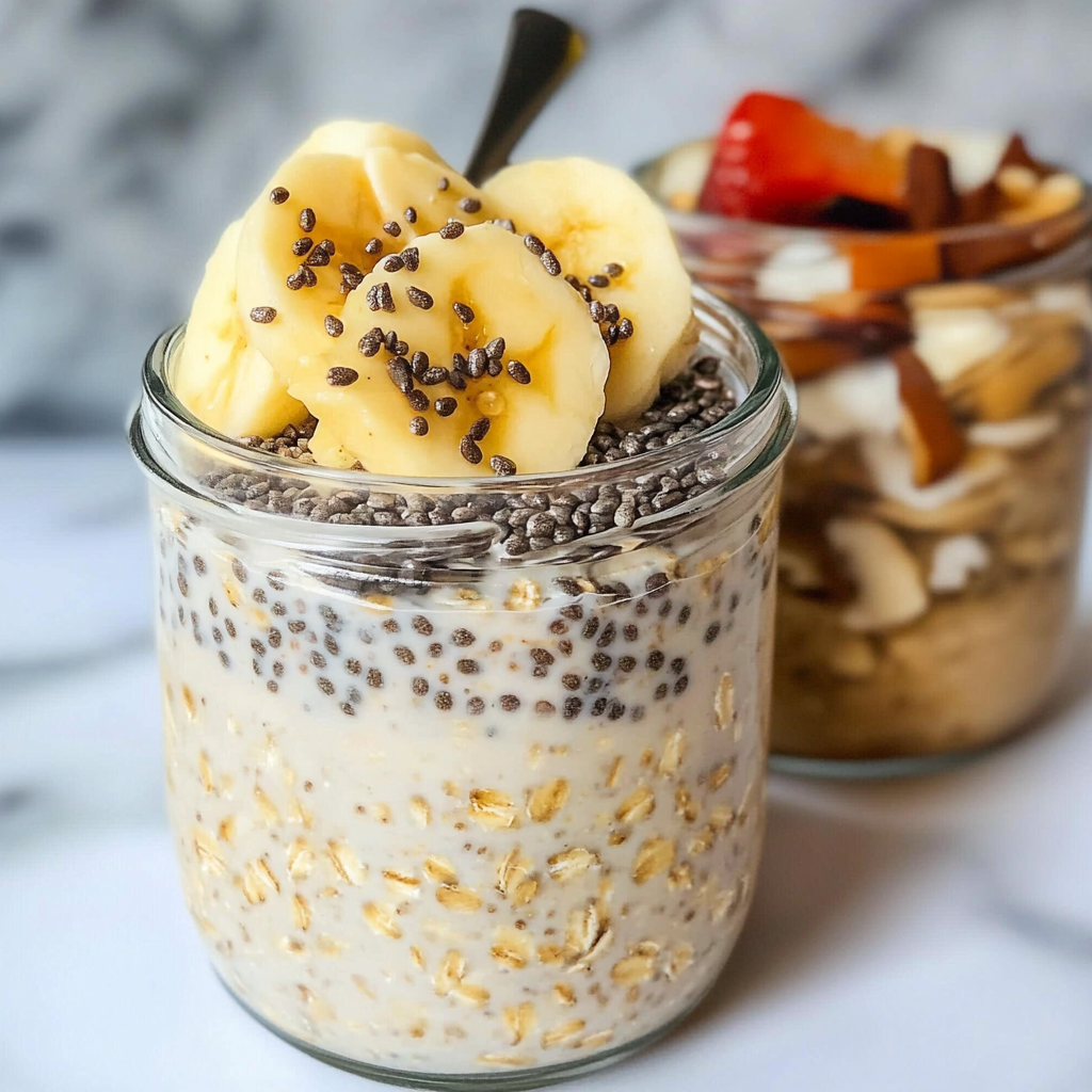 Jar of high-protein overnight oats topped with fresh berries and a drizzle of honey.