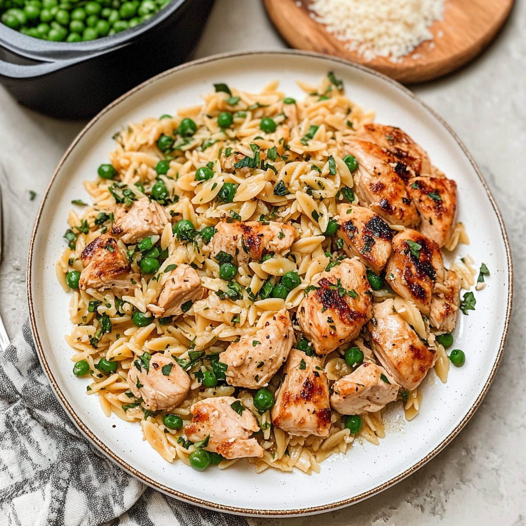 Skillet of creamy chicken orzo with spinach and grated Parmesan, garnished with fresh herbs.