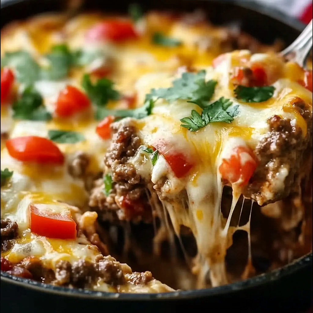 Baked Cheesy Low Carb Philly Cheesesteak Casserole in a dish, topped with golden melted cheese and colorful bell peppers.