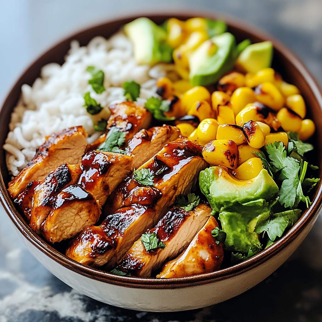 Bowl filled with honey chipotle chicken, rice, avocado, corn, and fresh cilantro.