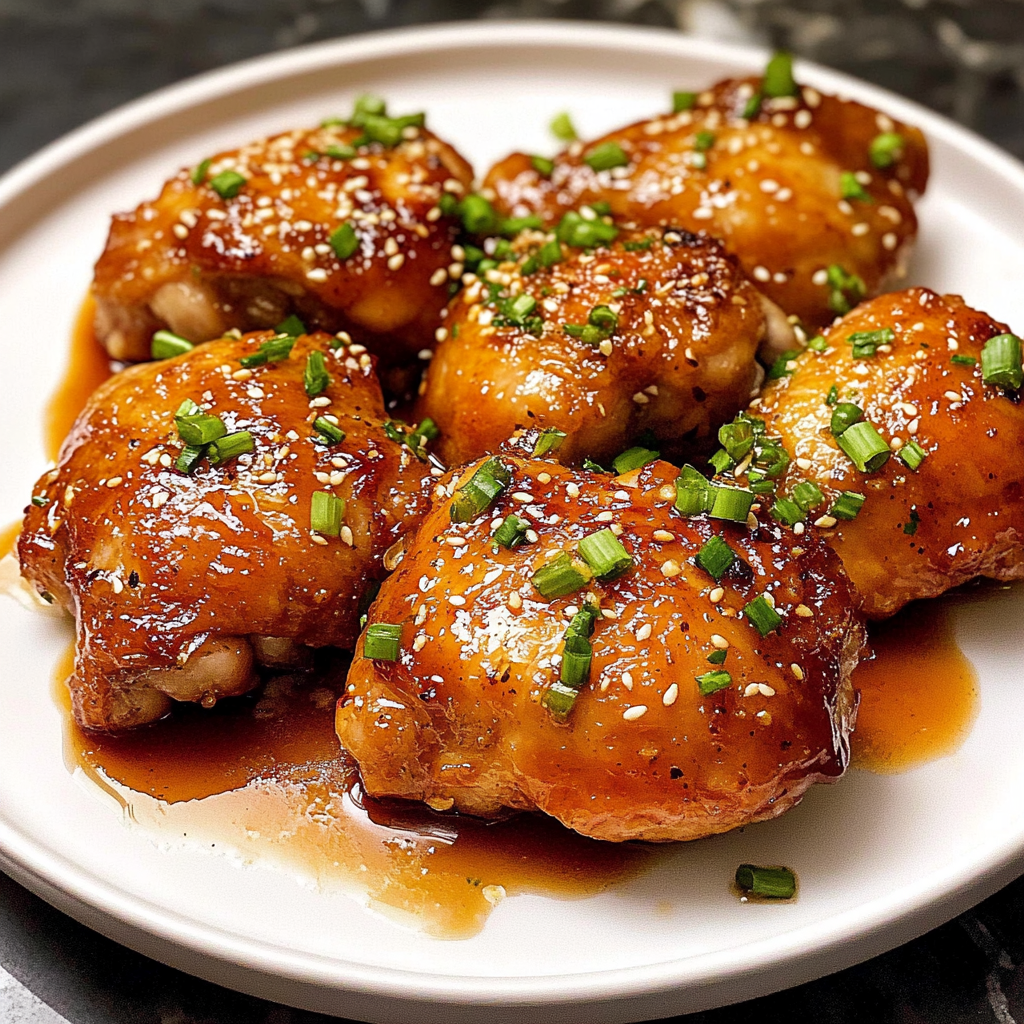 Plate of Honey Garlic Chicken Thighs garnished with sesame seeds and green onions