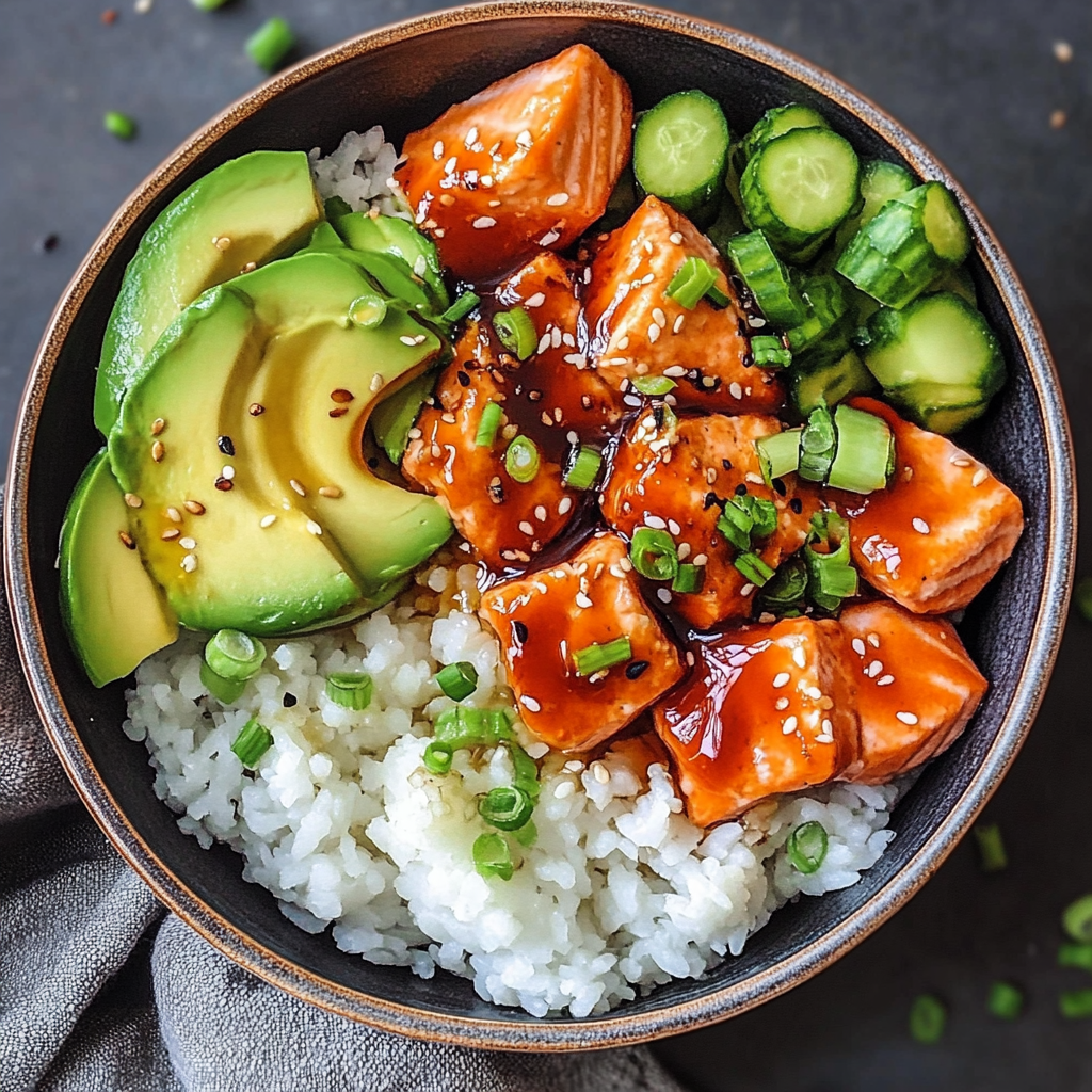 Honey Sriracha Salmon Bowl with rice, avocado, and edamame