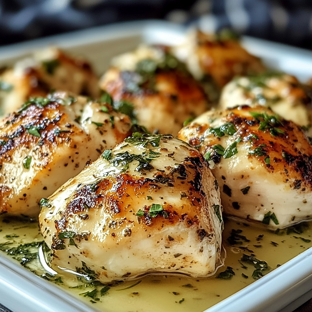Close-up of juicy herb-seasoned chicken fillets garnished with fresh herbs on a white plate - juicy herb-seasoned chicken fillet