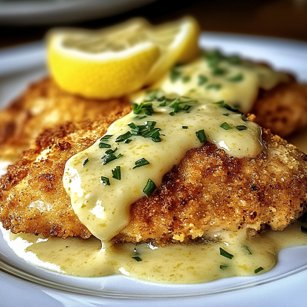 Plate of lemon pecorino crusted chicken drizzled with creamy lemon sauce and garnished with fresh herbs