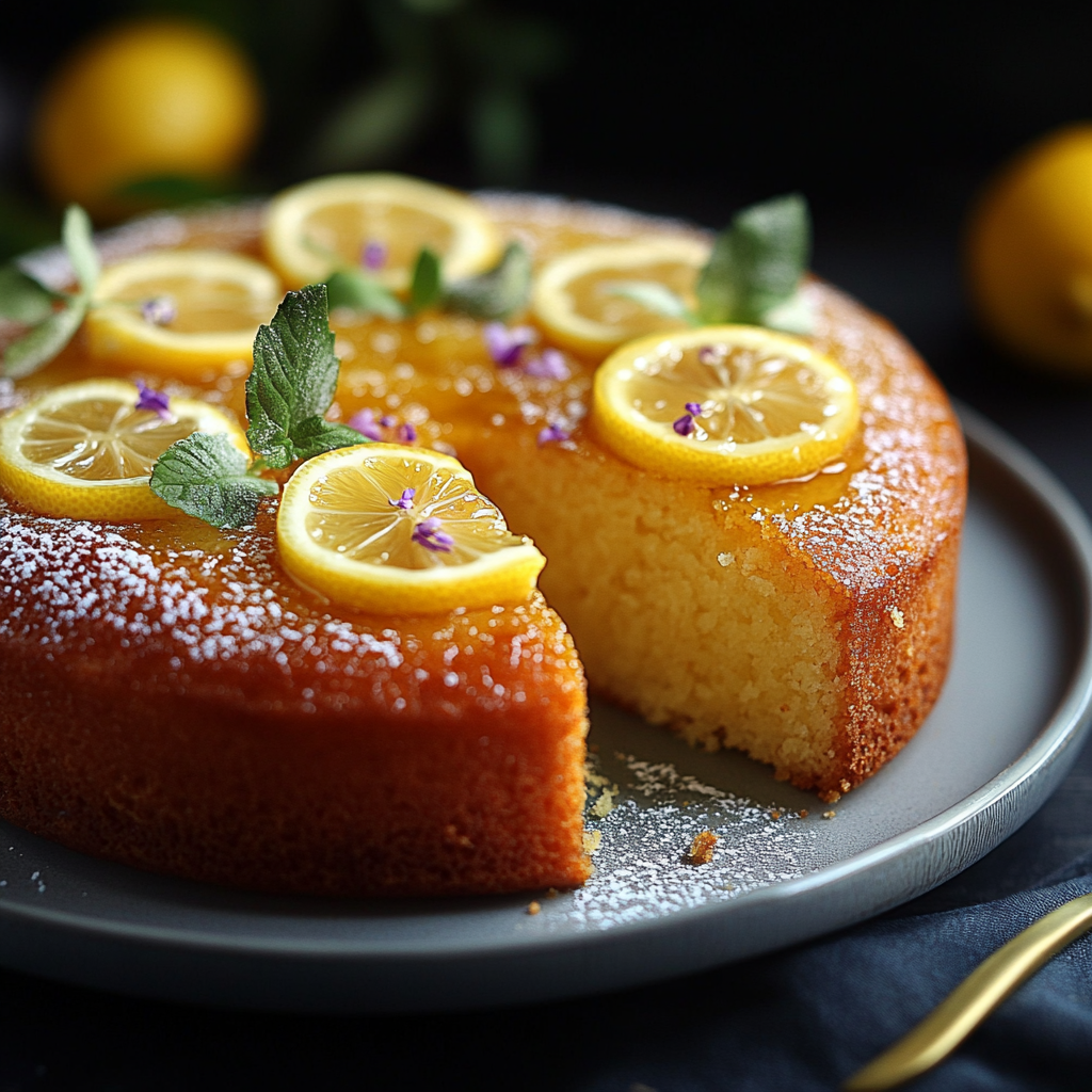A slice of Lemon & Honey Butter Cake on a plate, garnished with lemon zest and a drizzle of honey.