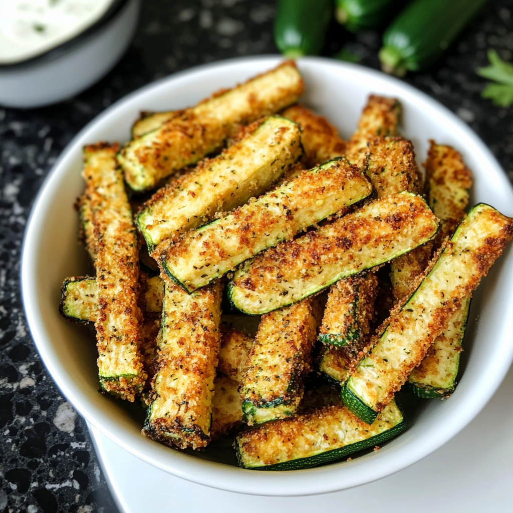 Crispy air-fried zucchini fries served with a side of marinara dipping sauce on a white plate.
