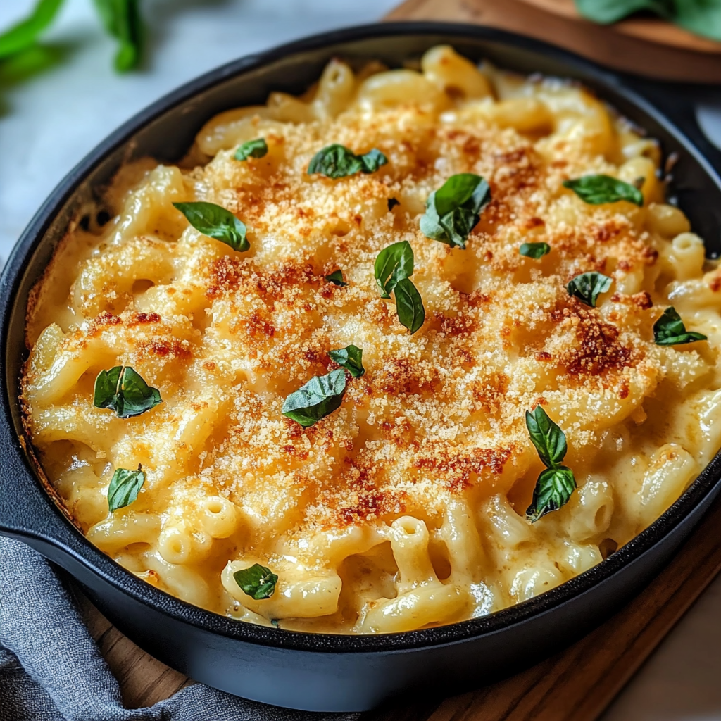 Bowl of creamy low-calorie high-protein mac and cheese topped with fresh parsley.